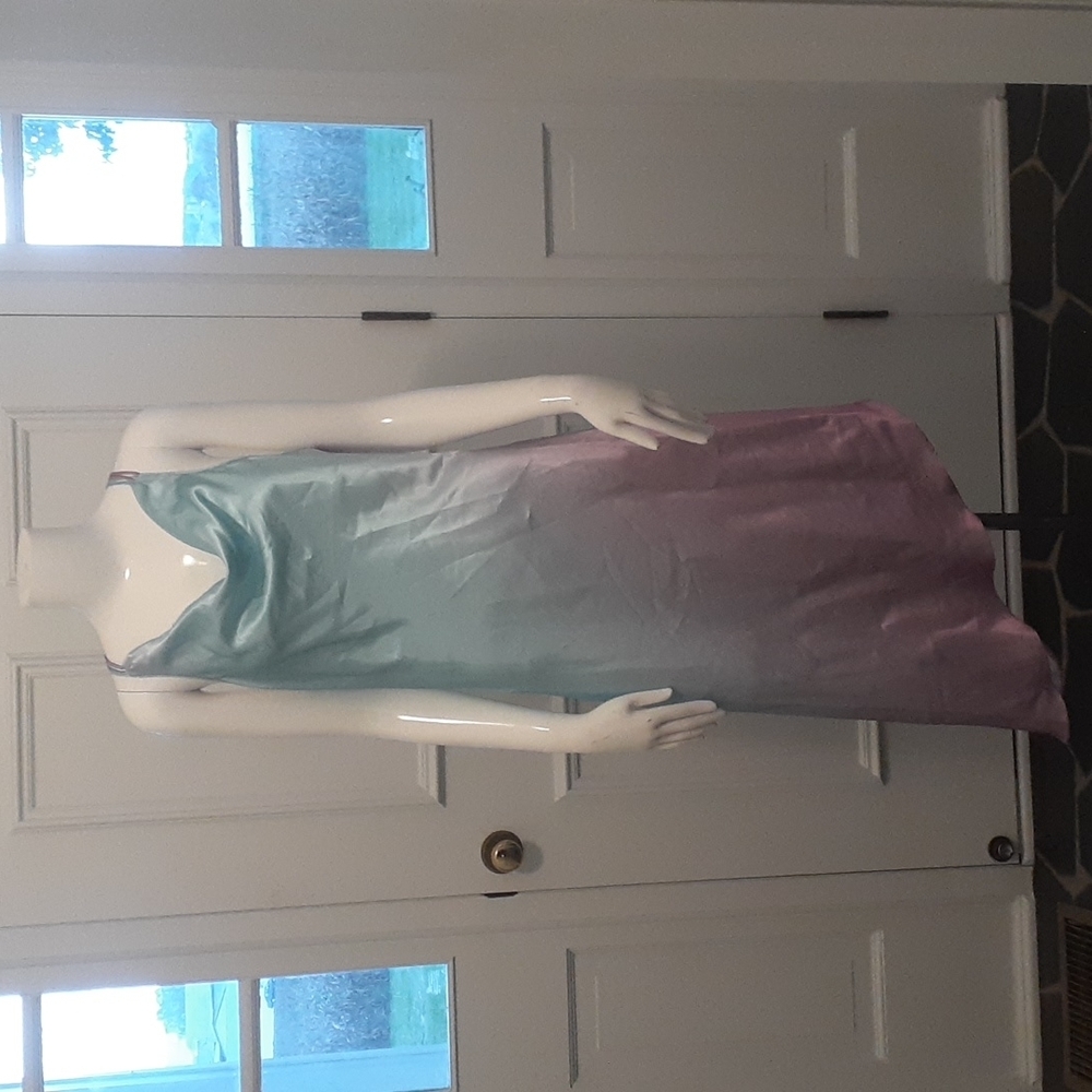 Je T’Adore Satin Ombre Slip Dress Teal Pink Cowl Neck Strappy Back Midi SIZE M